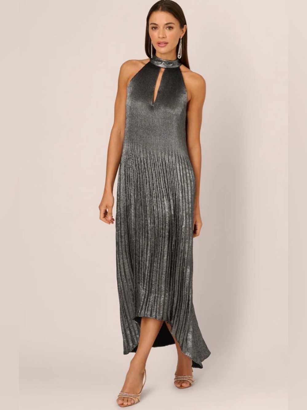 Adrianna Papell NWT Size 8 Metallic Silver Gray Halter High Low Gown Formal.